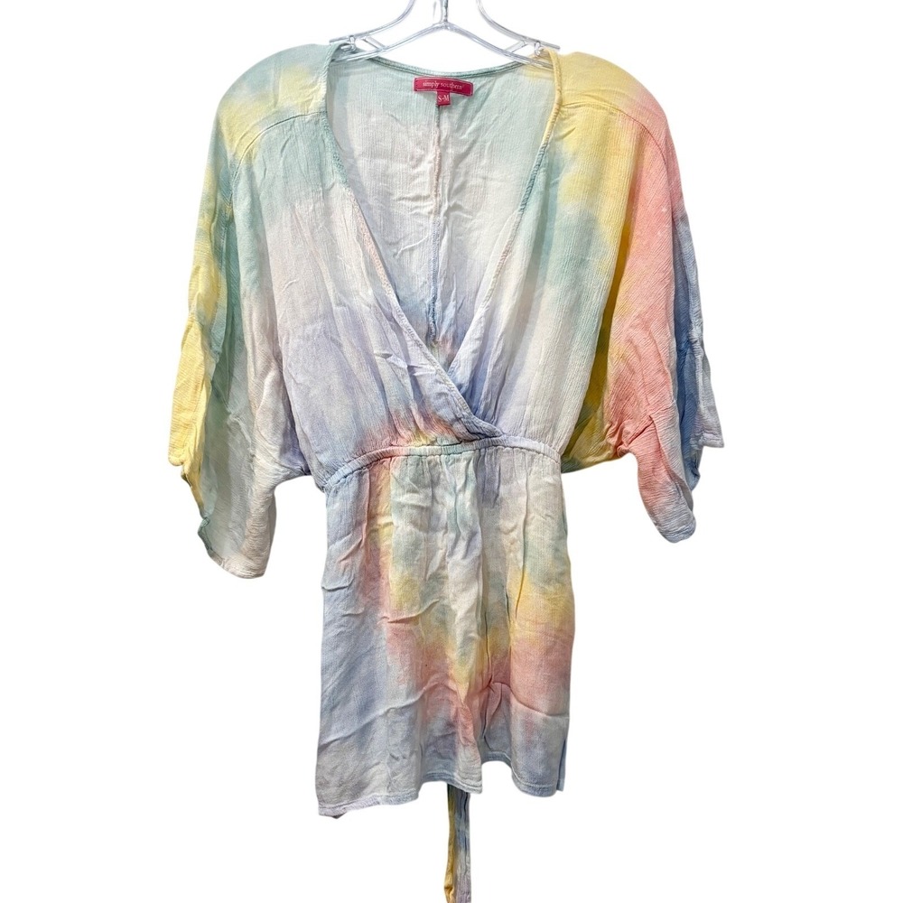 Simply Southern Women Beach Cover Up Rainbow Tie-Dye Tie Back Top S Small M Med
